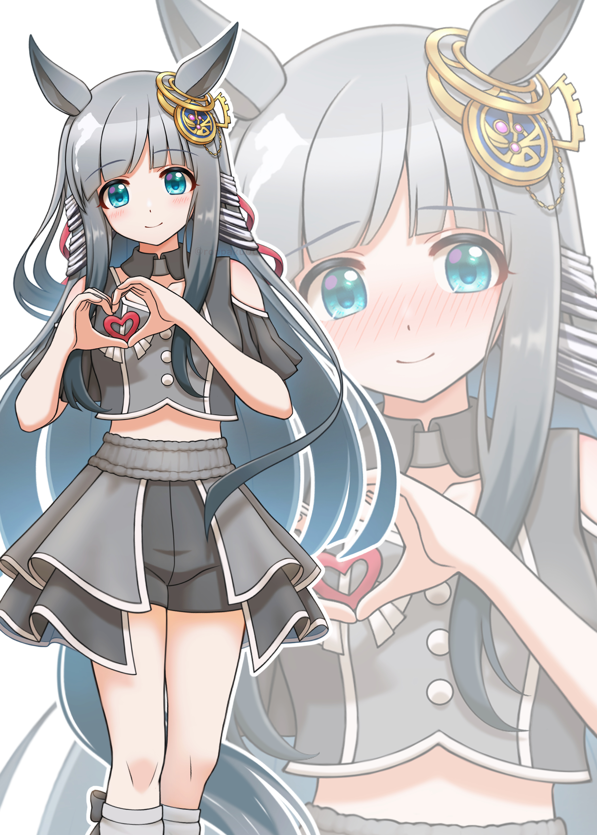 roppaku, chrono genesis (umamusume), umamusume, absurdres, highres, 1girl, animal ears, bare shoulders, blue eyes, blush, closed mouth, clothing cutout, grey hair, grey overskirt, grey shirt, grey shorts, grey skirt, heart, heart hands, horse ears, horse girl, horse tail, long hair, looking at viewer, meni shuki rush-sshu!, nose blush, outline, shirt, shorts, shoulder cutout, simple background, skirt, smile, tail, white background, white outline, white trim, zoom layer