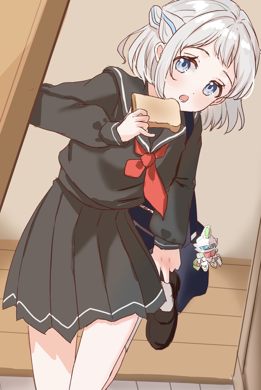 ojiramiiiii, katsuragi lilja, gakuen idolmaster, idolmaster, commentary request, highres, 1girl, bag, bag charm, black sailor collar, black serafuku, black shirt, black shoes, black skirt, blue bag, blue eyes, blue ribbon, braid, bread, bread slice, charm (object), food, foot out of frame, grey hair, hair ribbon, half up braid, hand up, holding, holding food, indoors, loafers, looking at viewer, medium hair, neckerchief, open mouth, pleated skirt, putting on footwear, red neckerchief, ribbon, ribbon braid, sailor collar, school bag, school uniform, serafuku, shirt, shoes, shoulder bag, skirt, socks, solo, standing, standing on one leg, toast, white socks