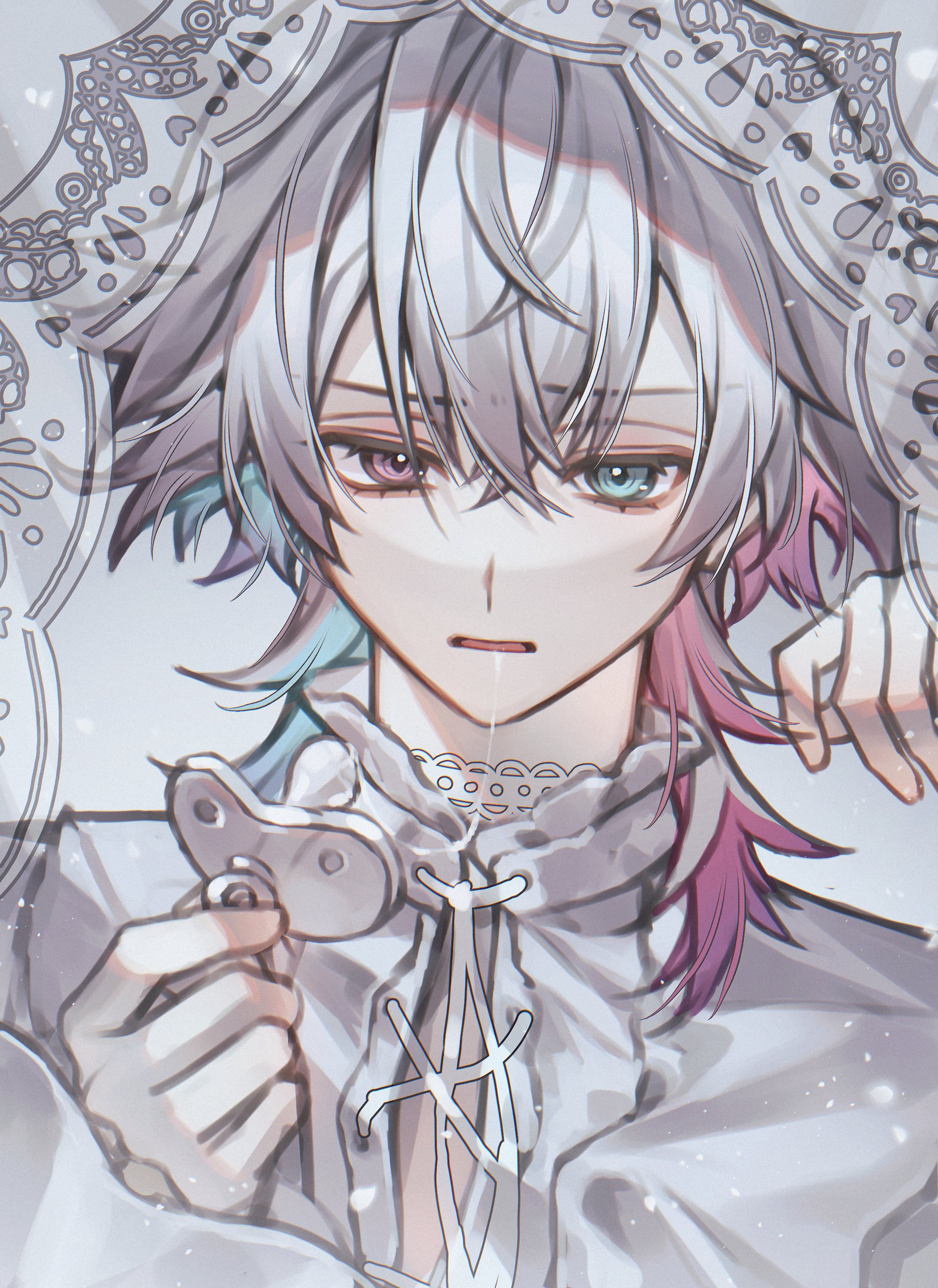 yu yu (yuyuuuu99550771), gavis bettel, holostars, holostars english, absurdres, commentary, highres, 1boy, alternate costume, bishounen, blue eyes, blue hair, crossed bangs, eyelashes, eyeshadow, frilled shirt, frills, grey background, grey hair, hair between eyes, hands up, heterochromia, holding, holding pacifier, looking at viewer, makeup, male focus, medium hair, multicolored hair, pacifier, parted lips, pink eyes, pink eyeshadow, pink hair, portrait, saliva, saliva trail, shirt, solo, veil, virtual youtuber