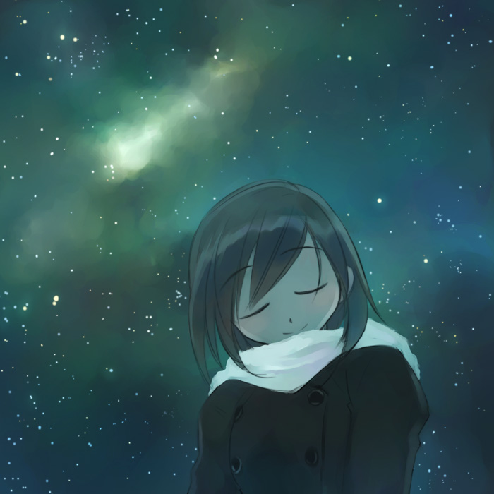 ikeda jun (mizutamari), original, 1girl, closed eyes, female focus, night, night sky, scarf, sky, smile, solo, space, star (sky), star (symbol), starry sky