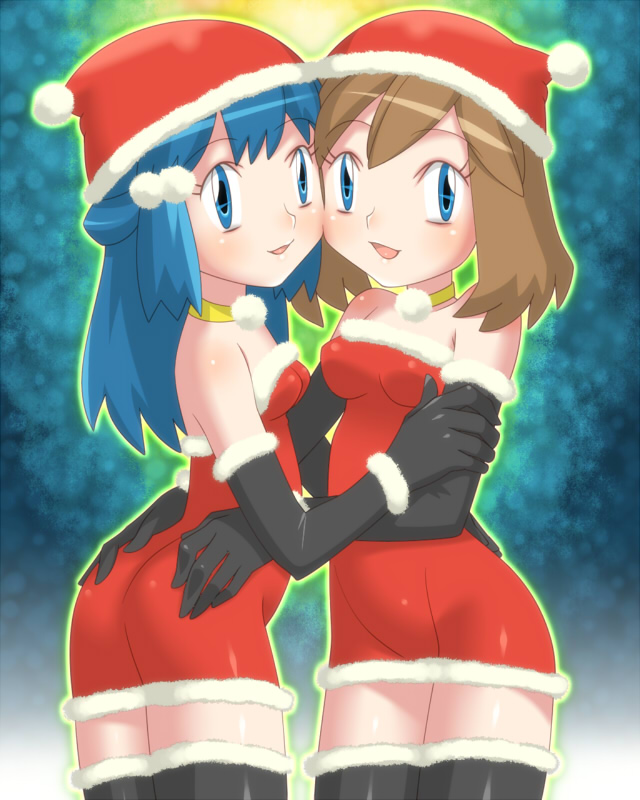 amada, dawn (pokemon), may (pokemon), nintendo, pokemon, bad id, bad pixiv id, 2girls, alternate costume, alternate headwear, ass, black gloves, blue eyes, blue hair, brown hair, christmas, collar, dress, elbow gloves, gloves, hat, latex, latex dress, latex gloves, multiple girls, santa costume, thighhighs