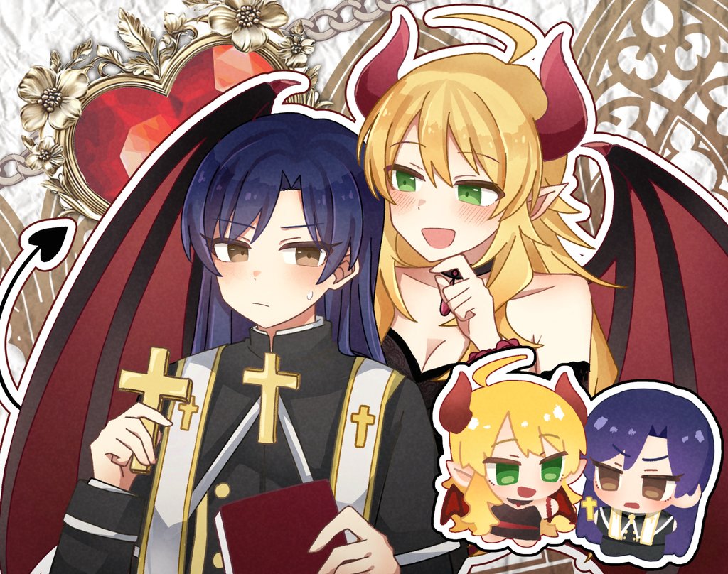 chiwawa174, hoshii miki, kisaragi chihaya, idolmaster, idolmaster (classic), 2girls, ahoge, behind another, blonde hair, blue hair, blush, book, breasts, brown eyes, chibi, chibi inset, choker, cleavage, closed mouth, cross, demon girl, demon horns, demon tail, demon wings, front-to-back, green eyes, holding, holding book, holding cross, horns, long hair, long sleeves, looking at another, multiple girls, open mouth, outline, pointy ears, priest, sweatdrop, tail, white outline, wings