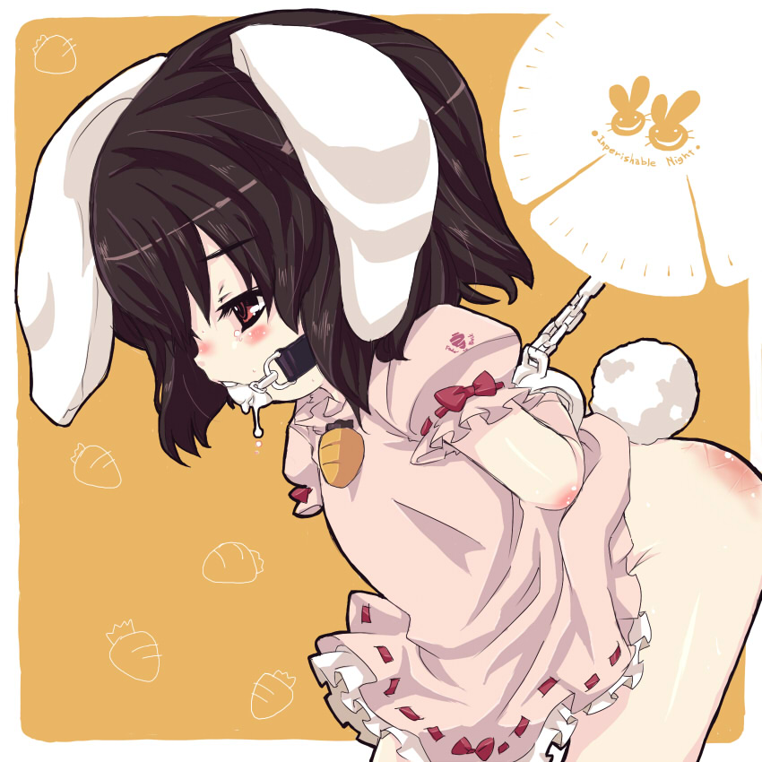 tm (gf-tm), inaba tewi, touhou, bad id, bad pixiv id, 1girl, animal ears, ball gag, bdsm, bondage, bound, cruelty to animals, cuffs, female focus, gag, gagged, handcuffs, loli, rabbit ears, saliva, solo, spanked