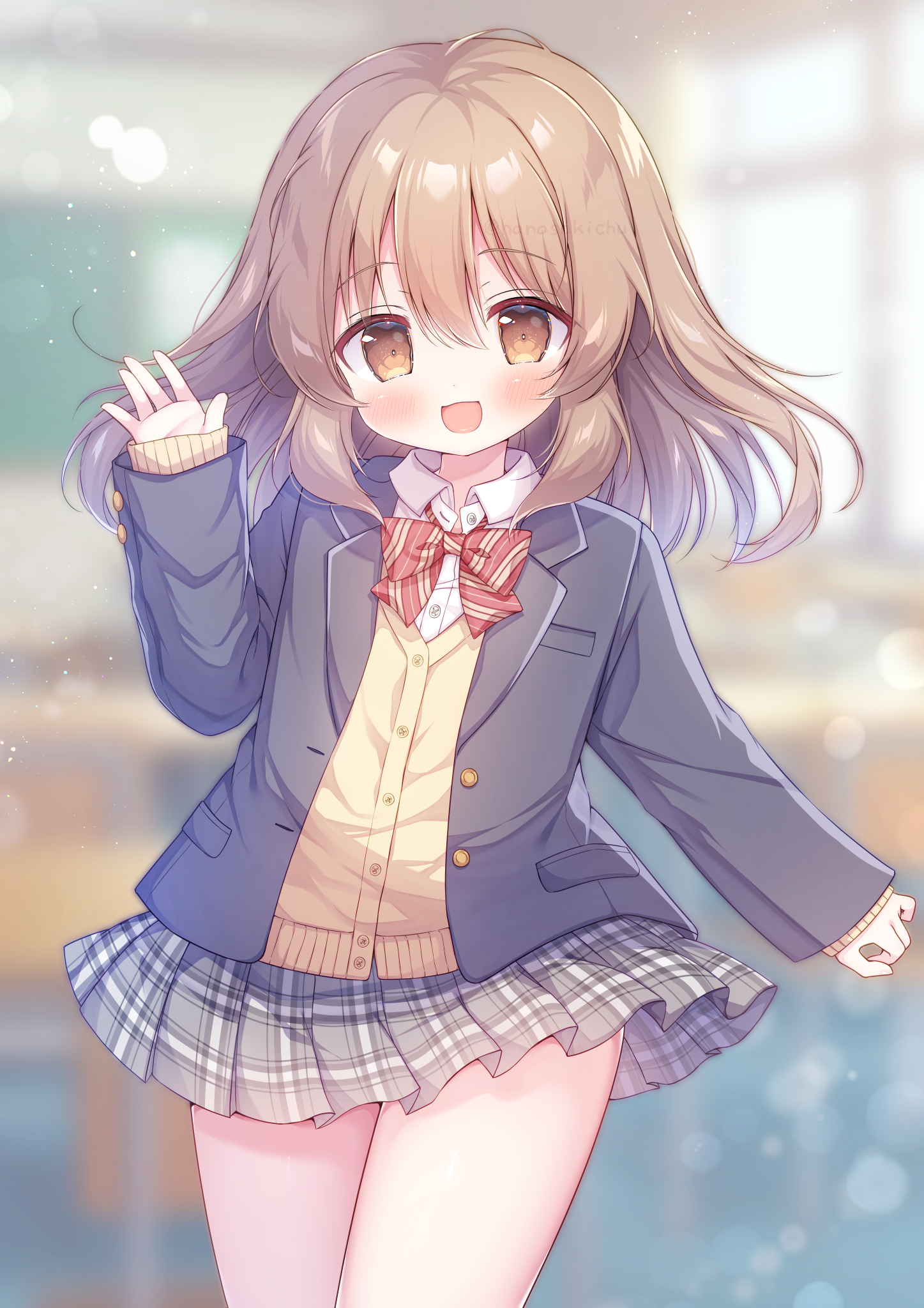 hanasakichu, original, commentary request, commission, highres, skeb commission, variant set, 1boy, :d, black jacket, blazer, blurry, blurry background, blush, bow, bowtie, brown eyes, brown hair, cardigan, classroom, collared shirt, crossdressing, crossdressing (mtf), diagonal-striped bow, diagonal-striped bowtie, diagonal-striped clothes, hand up, indoors, jacket, layered sleeves, long hair, long sleeves, looking at viewer, male focus, miniskirt, open mouth, plaid clothes, plaid skirt, pleated skirt, red bow, red bowtie, school uniform, shirt, skirt, smile, solo, striped bow, striped bowtie, striped clothes, trap, waving, white shirt, yellow cardigan