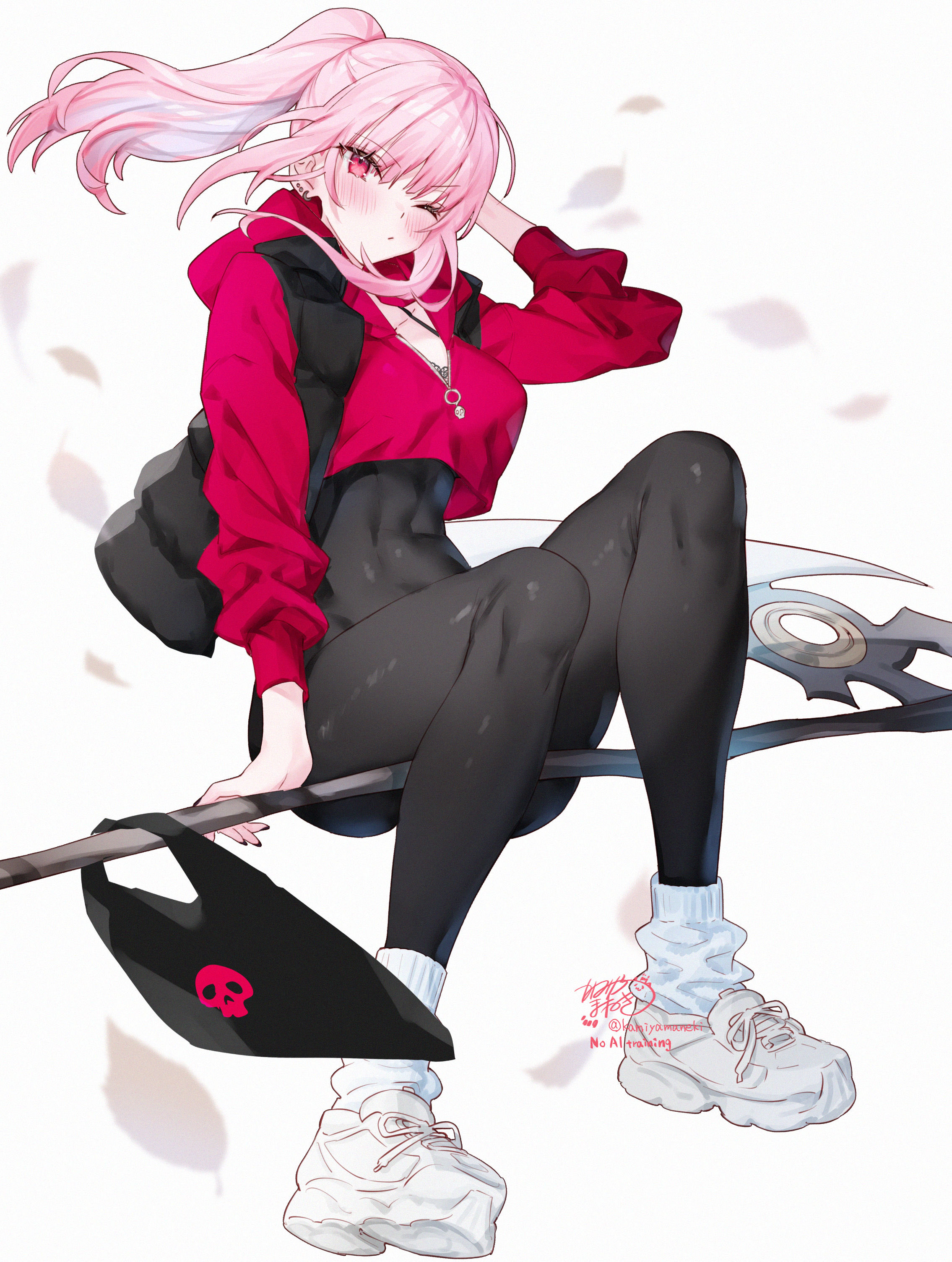 kamiya maneki, mori calliope, hololive, hololive english, absurdres, commentary, highres, 1girl, arm behind head, arm up, artist name, black bag, black jacket, black pants, blush, breasts, closed mouth, ear piercing, hood, hoodie, jacket, large breasts, long hair, long sleeves, looking at viewer, one eye closed, padded jacket, pants, piercing, pink eyes, pink hair, pink hoodie, ponytail, riding, scythe, shoes, signature, simple background, solo, twitter username, virtual youtuber, white background, white shoes