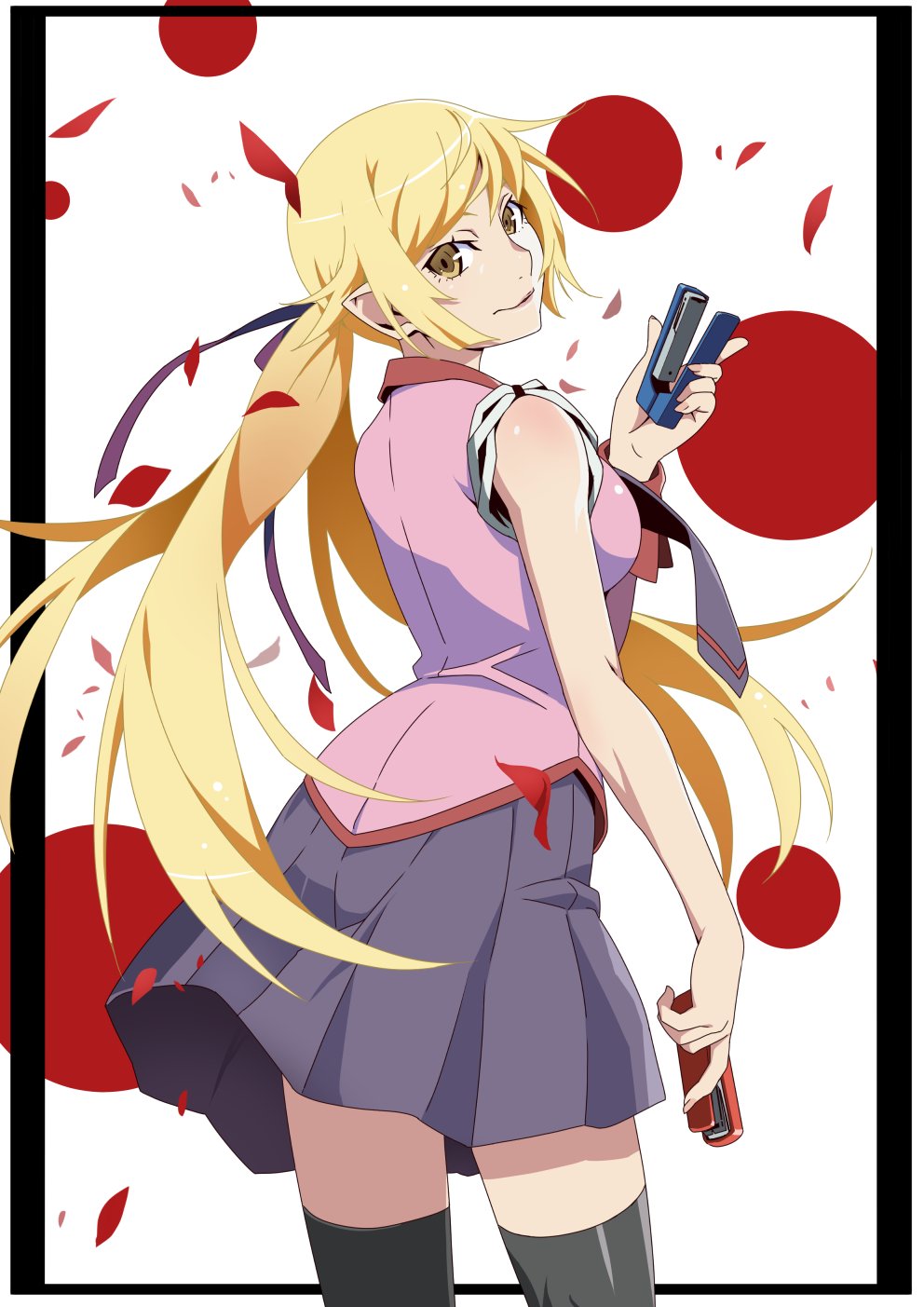 gesugesu ahoaho, kiss-shot acerola-orion heart-under-blade, oshino shinobu, monogatari (series), highres, arm at side, black border, black thighhighs, border, breasts, circle, cowboy shot, dress shirt, falling petals, from side, grey necktie, grey skirt, hair flaps, hair ribbon, hand up, holding stapler, large breasts, lips, long hair, long sleeves, looking at viewer, low ponytail, mature female, naoetsu high school uniform, necktie, outside border, petals, pink shirt, pleated skirt, pointy ears, ponytail, red circle, red petals, red trim, ribbon, ringed eyes, school uniform, shadow, shiny skin, shirt, skirt, skirt flip, sleeve cuffs, sleeve rolled up, split ponytail, swept bangs, thighhighs, very long hair, white background