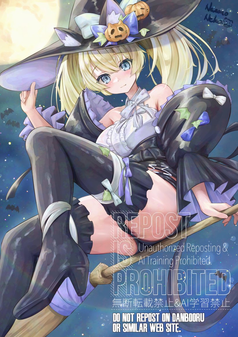 nazono neko, gambier bay (halloween) (kancolle), gambier bay (kancolle), kantai collection, commentary request, 1girl, animal ears, bandages, bat (animal), black shorts, black thighhighs, blonde hair, blue eyes, blush, broom, broom riding, cat ears, frilled jacket, frilled thighhighs, frills, full moon, halloween costume, hat, jack-o'-lantern hat ornament, jacket, long hair, looking at viewer, moon, night, night sky, shirt, shorts, sky, smile, thighhighs, twintails, white shirt, witch hat