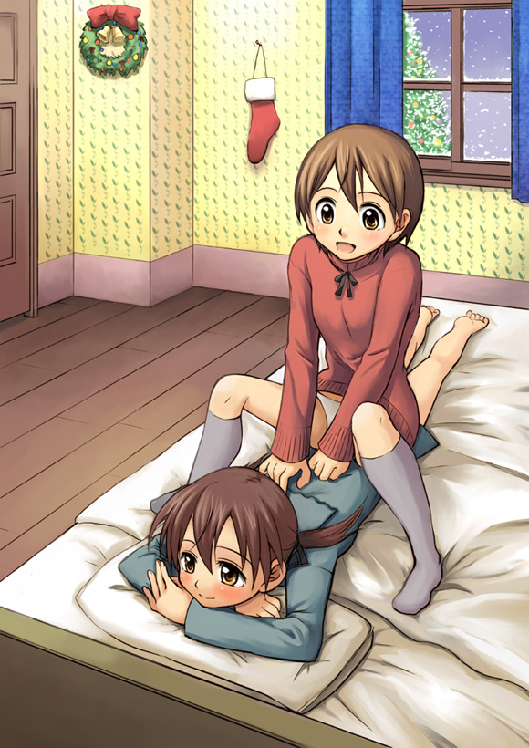 niina ryou, christiane barkhorn, gertrud barkhorn, strike witches, 2girls, barefoot, blush, christmas, multiple girls, open mouth, panties, siblings, sisters, smile, underwear