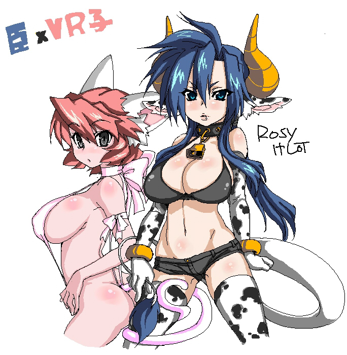 695 (mukuko), shinko (695), vrco, original, bad id, bad pixiv id, 2girls, animal ears, ass, bell, bikini, blue hair, borrowed character, breasts, brown eyes, cat ears, cat tail, cleavage, cow ears, elbow gloves, gloves, green eyes, horns, large breasts, midriff, multiple girls, navel, pink hair, short shorts, shorts, sideboob, swimsuit, tail, thighhighs
