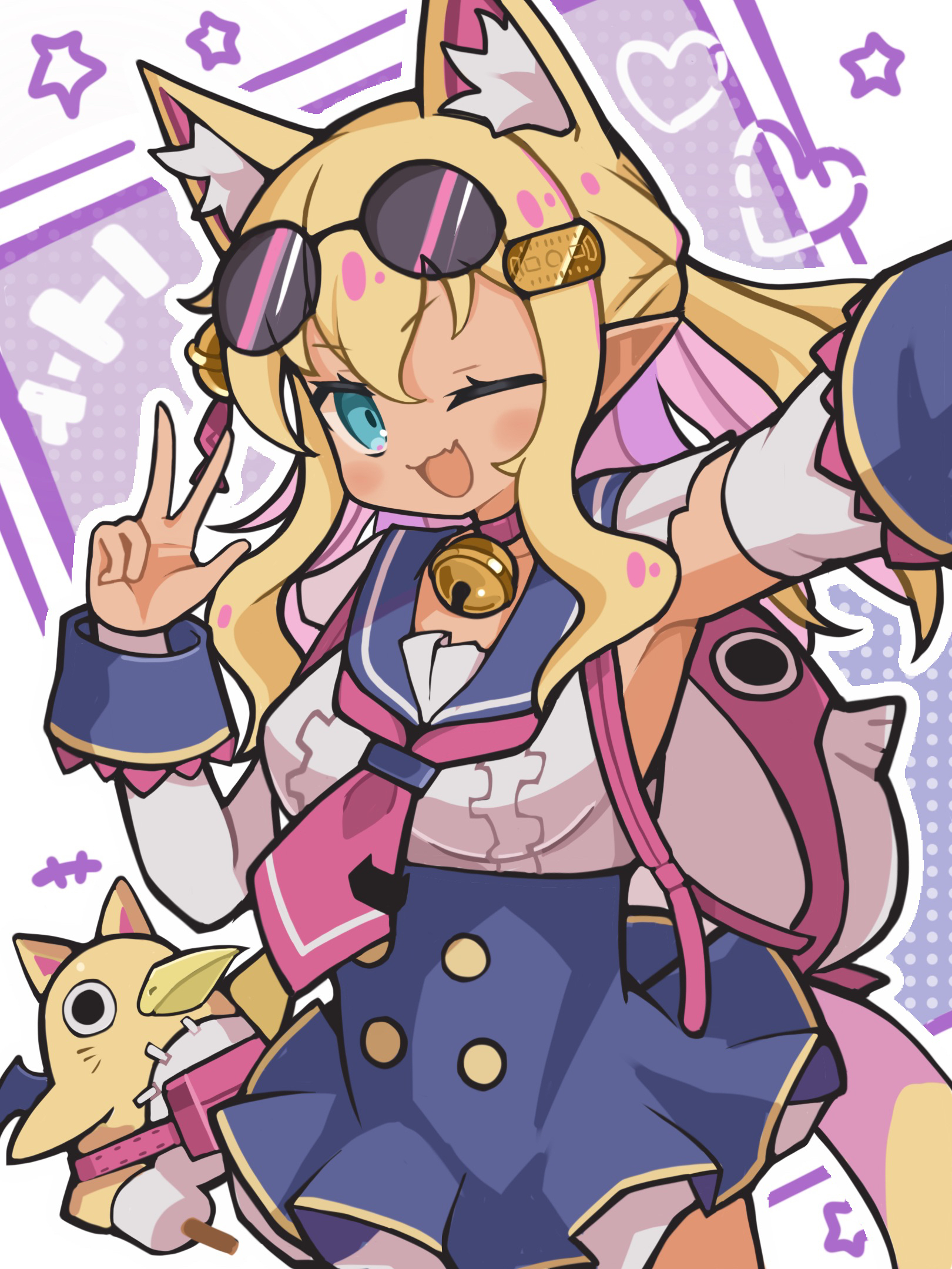 suaman, pirilika (disgaea), prinny, disgaea, makai senki disgaea 7, highres, 1girl, :3, :d, animal ear fluff, animal ears, backpack, bag, bat wings, bell, bird, blonde hair, blue eyes, blue wrist cuffs, breasts, center frills, coin, demon girl, demon wings, detached sleeves, dog ears, dog girl, dog tail, extra ears, eyewear on head, fang, frills, gold, hair between eyes, hair ornament, heart, jingle bell, koban (gold), long hair, mini wings, neck bell, neckerchief, one eye closed, open mouth, peg leg, penguin, pointy ears, purple background, shirt, sidelocks, smile, star (symbol), sunglasses, tail, two-tone background, underbust, w, white background, white shirt, wings, wrist cuffs