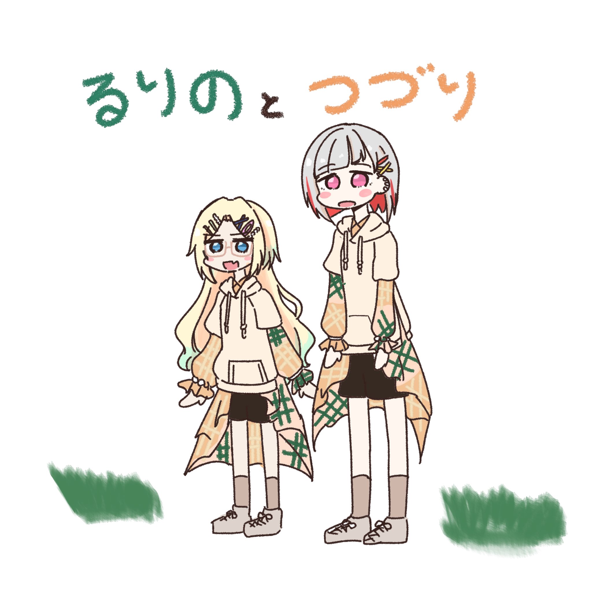 amado (amaddo club), osawa rurino, yugiri tsuzuri, link! like! love live!, love live!, commentary, highres, 2girls, :d, aqua hair, black shorts, blonde hair, blue eyes, blush stickers, bob cut, brown shirt, brown socks, colored inner hair, colorfulness (love live!), diagonal bangs, fang, full body, gradient hair, grey hair, grey shoes, hair ornament, hairclip, hood, hoodie, layered sleeves, long sleeves, multicolored hair, multiple girls, official alternate costume, open mouth, pink eyes, plaid clothes, plaid shirt, puffy long sleeves, puffy sleeves, red hair, shirt, shoes, short over long sleeves, short sleeves, shorts, simple background, skin fang, smile, sneakers, socks, standing, streaked hair, too many hair ornaments, virtual youtuber, white background, white hoodie, x hair ornament