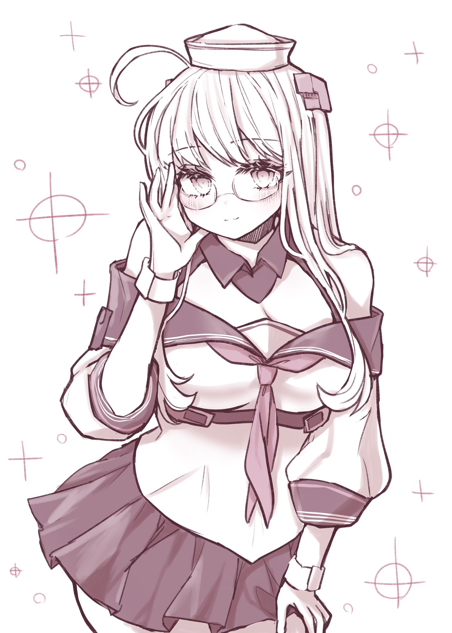 nagi kantai114, heywood l. edwards (kancolle), kantai collection, highres, 1girl, ahoge, black sailor collar, black skirt, blue eyes, breasts, cleavage, cowboy shot, dixie cup hat, glasses, gloves, grey hair, hat, headgear, long hair, looking at viewer, medium breasts, military hat, neckerchief, off-shoulder shirt, off shoulder, pink neckerchief, sailor collar, school uniform, serafuku, shirt, skirt, solo, white gloves