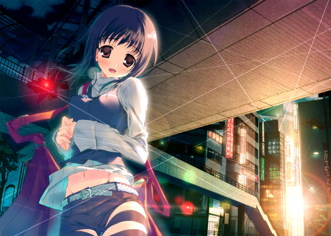 kagome (traumatize), itsuwa, toaru majutsu no index, toaru majutsu no index: old testament, 00s, 1girl, female focus, lens flare, navel, purple eyes, purple hair, real world location, solo
