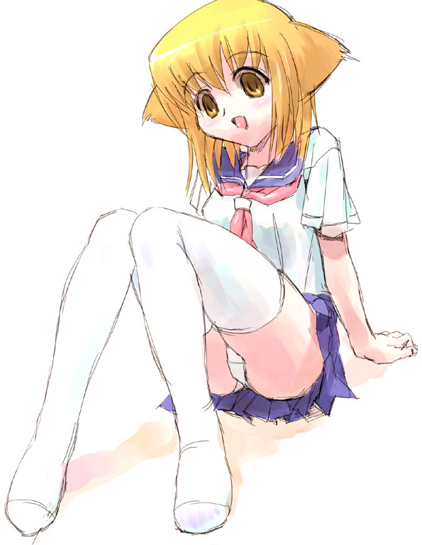 inu777, original, 1girl, animal ears, blonde hair, cat ears, female focus, fox ears, open mouth, panties, pantyshot, school uniform, serafuku, sitting, solo, thighhighs, underwear, yellow eyes