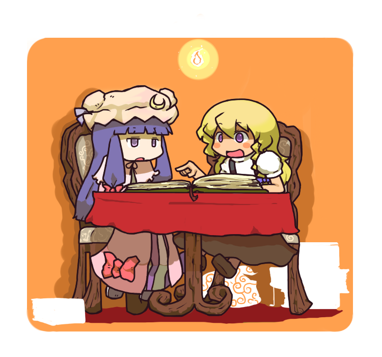 inishie, kirisame marisa, patchouli knowledge, touhou, 2girls, :d, black dress, blonde hair, blunt bangs, book, chair, chibi, crescent, crescent hat ornament, dress, expressionless, female focus, full body, hat, hat ornament, indoors, jitome, long hair, long sleeves, mob cap, multiple girls, open mouth, puffy short sleeves, puffy sleeves, short sleeves, sitting, smile, sweatdrop, table
