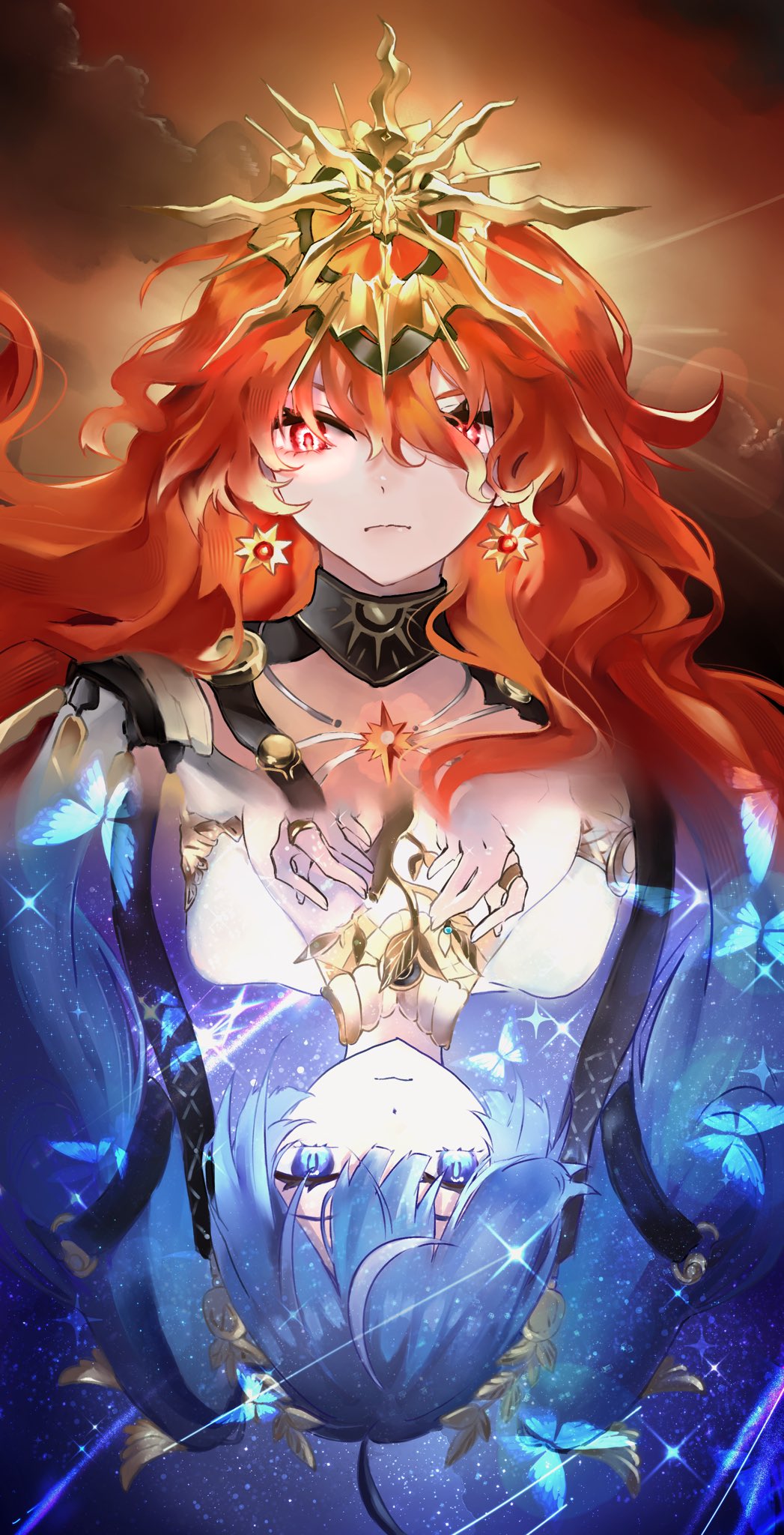 kannazuki shuu, augusta (wuthering waves), iuno (wuthering waves), wuthering waves, commentary request, highres, 2girls, bare shoulders, blue eyes, blue hair, closed mouth, earrings, hair between eyes, hands up, headgear, jewelry, laurel crown, long hair, looking at viewer, multicolored hair, multiple girls, orange hair, red eyes, split theme, streaked hair, sun earrings, sun necklace