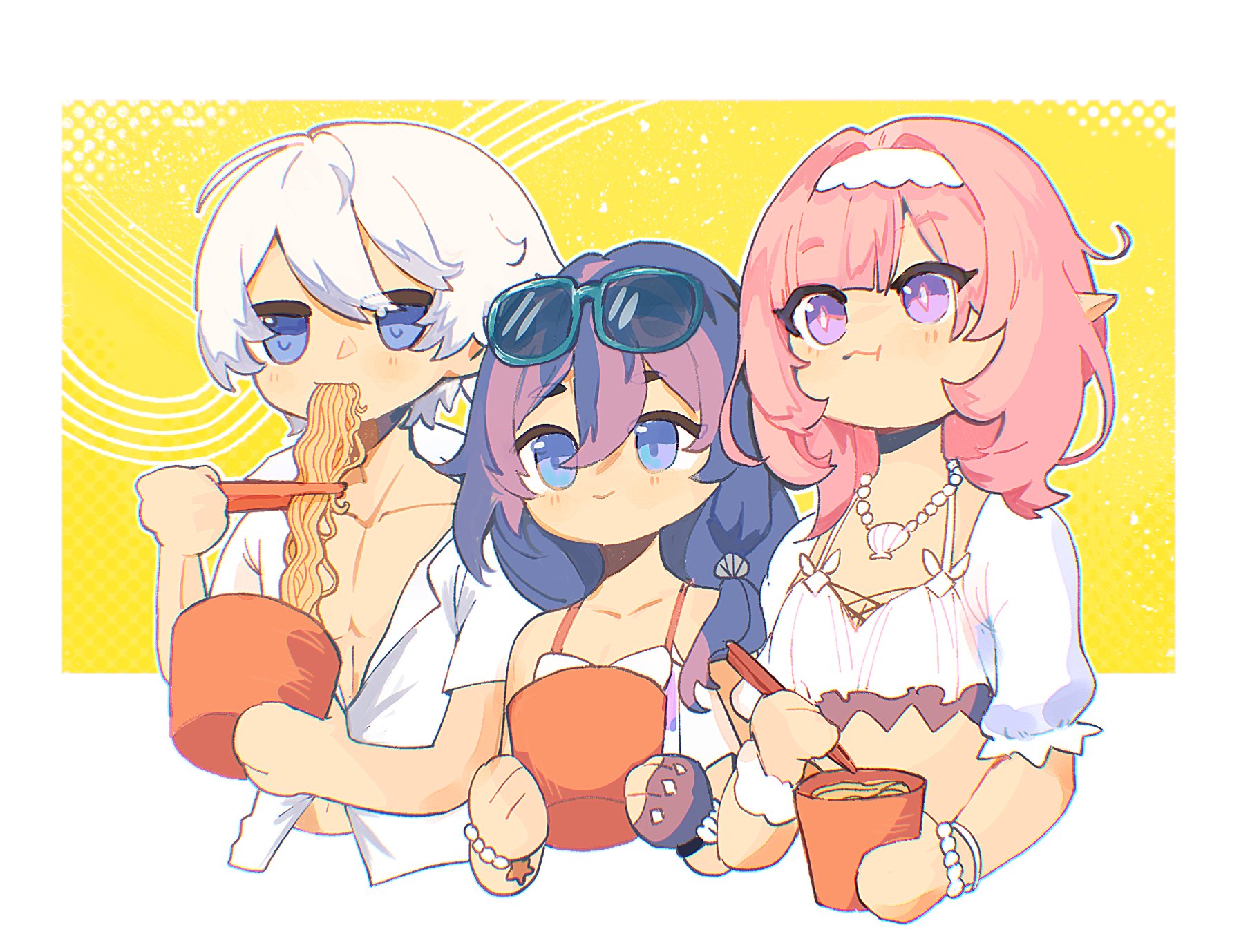 coffee (icedcaffieships), elysia (honkai impact), elysia (miss pink elf) (honkai impact), elysia (summer miss elf) (honkai impact), fu hua, fu hua (shadow knight), kevin kaslana, honkai (series), honkai impact 3rd, commentary, english commentary, highres, 1boy, 2girls, bikini, black gloves, blush, bracelet, cup ramen, eating hair, elf, eyewear on head, fingerless gloves, food in mouth, gloves, grey hair, hairband, jewelry, long hair, multiple girls, official alternate costume, open clothes, open shirt, pink hair, pointy ears, shirt, short hair, single glove, sunglasses, swimsuit, white bikini, white hair, white hairband, white shirt