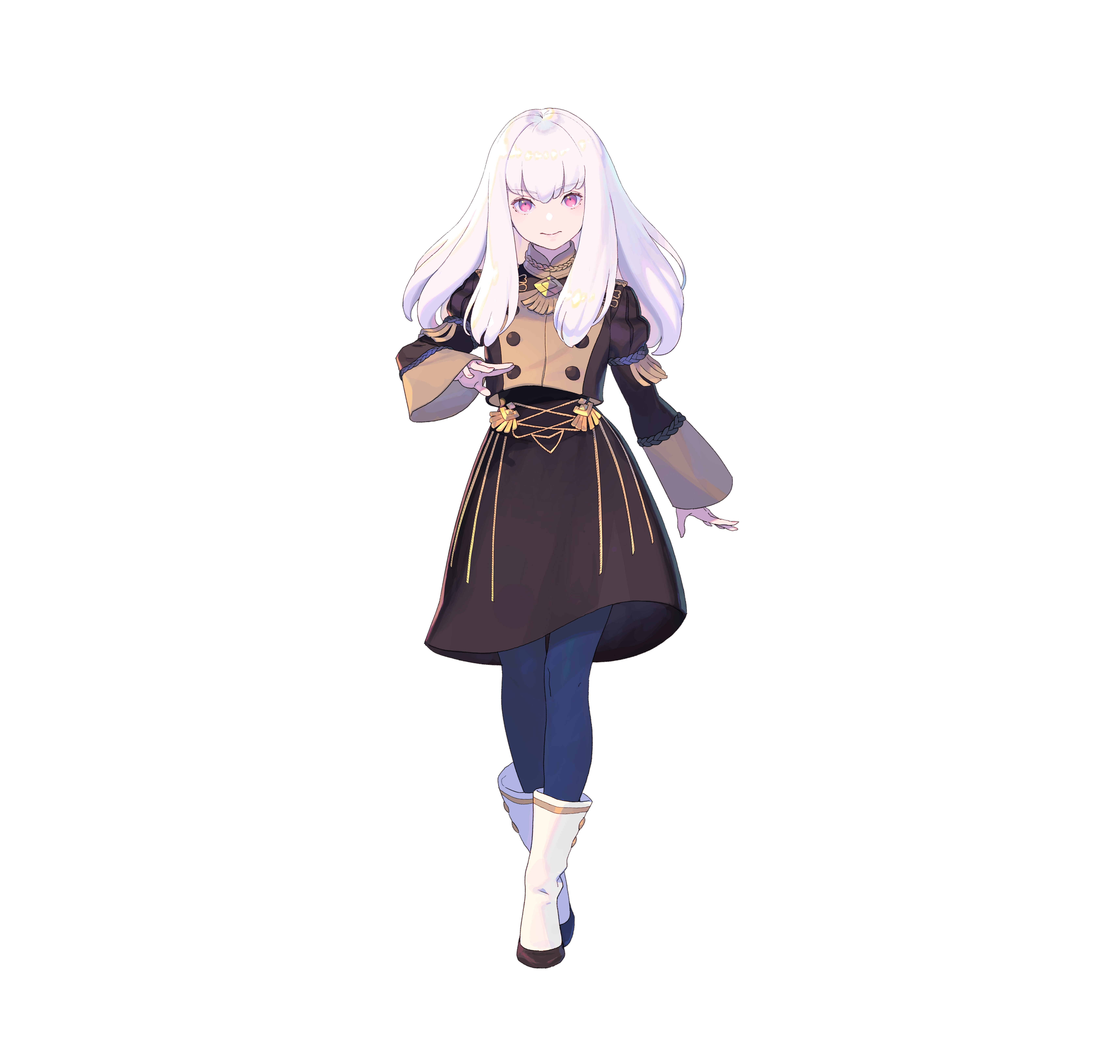 enkyo yuuichirou, lysithea von ordelia, fire emblem, fire emblem: three houses, fire emblem heroes, nintendo, absurdres, highres, official art, 1girl, black dress, boots, dress, full body, garreg mach monastery uniform, gold trim, long hair, long sleeves, looking at viewer, pantyhose, pink eyes, shirt, white background, white boots, white shirt