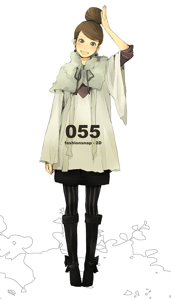 yoshito, original, 1girl, black boots, boots, brown eyes, brown hair, earrings, female focus, full body, hair bun, hand in own hair, head tilt, jewelry, pantyhose, single hair bun, smile, solo, standing, striped clothes, striped pantyhose, vertical-striped clothes, vertical-striped pantyhose