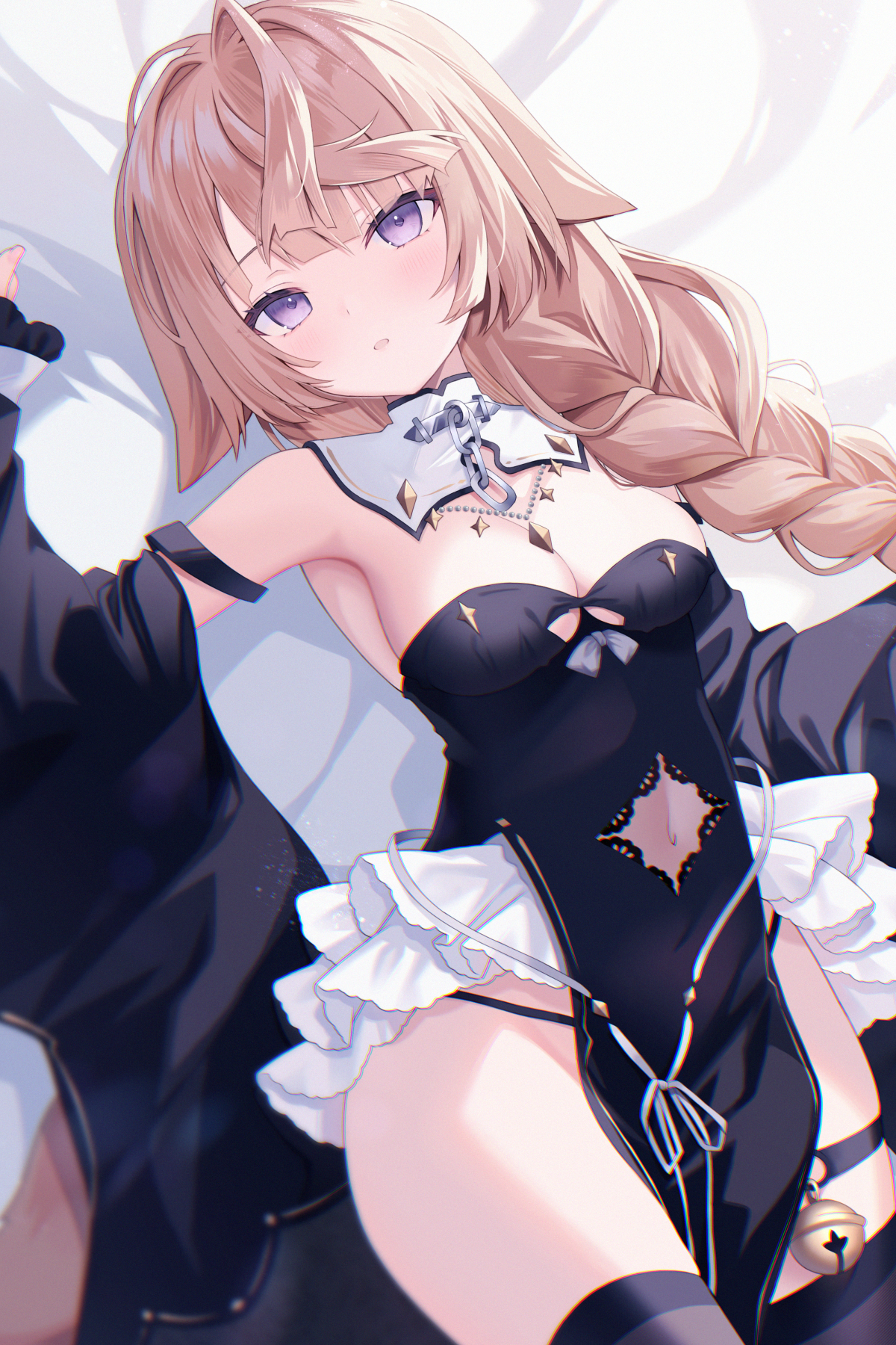 kanora, original, copyright request, highres, 1girl, ass, bare shoulders, bell, black thighhighs, blonde hair, breasts, clothing cutout, cowboy shot, light blush, long hair, looking at viewer, lying, medium breasts, navel cutout, nun, on back, purple eyes, solo, thighhighs