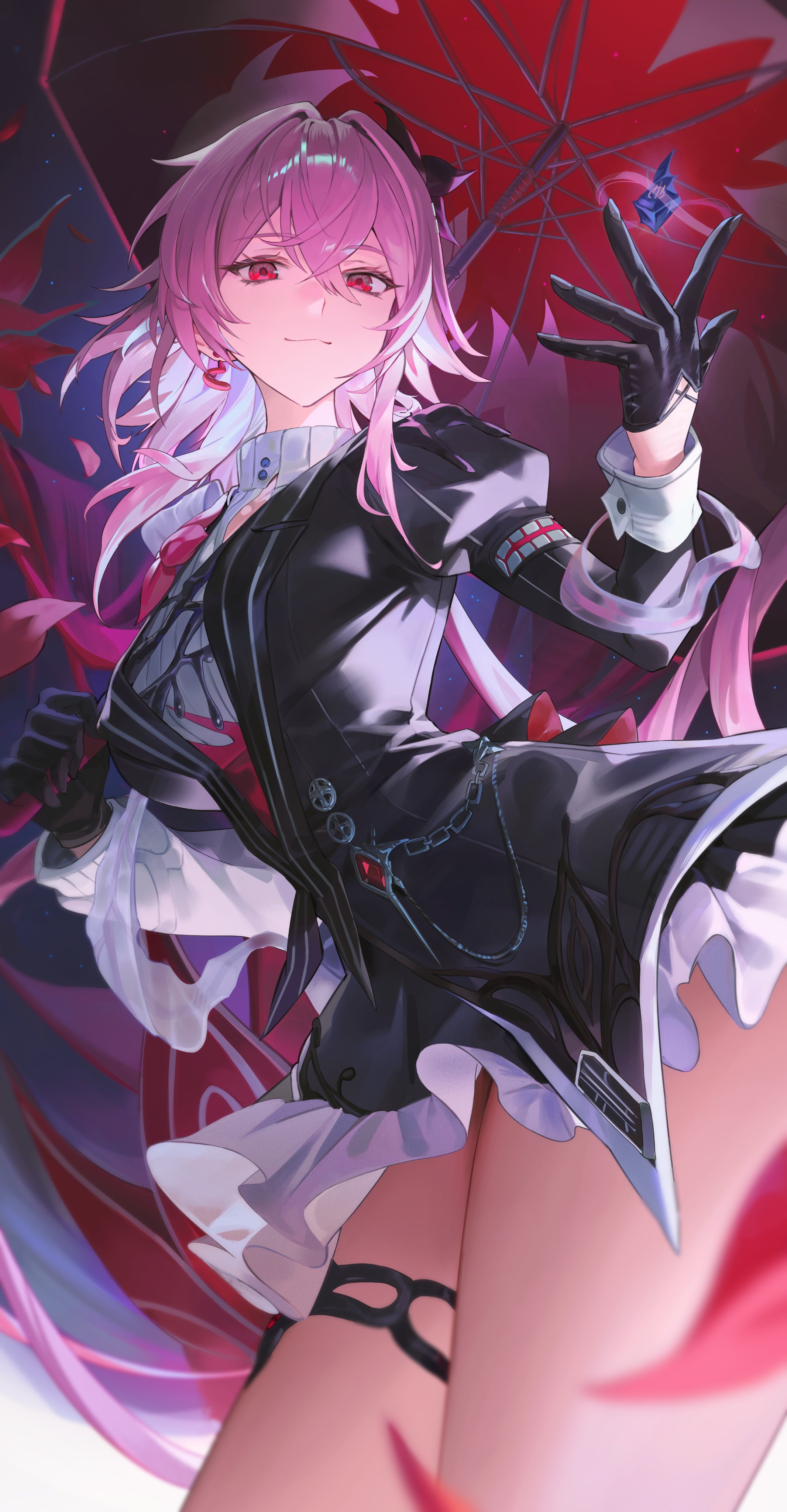 evernight (honkai: star rail), march 7th (honkai: star rail), honkai: star rail, honkai (series), absurdres, commentary, hashtag-only commentary, highres, 1girl, asymmetrical dress, black dress, black gloves, breasts, closed mouth, coreflame (honkai: star rail), cowboy shot, dress, earrings, flower, gloves, hair between eyes, hair flower, hair ornament, hair rings, hand up, holding, holding umbrella, jewelry, kiisher d, long hair, long sleeves, looking at viewer, medium breasts, object floating above hand, pink hair, purple flower, red eyes, red umbrella, single hair ring, smile, solo, thighlet, thighs, umbrella, very long hair