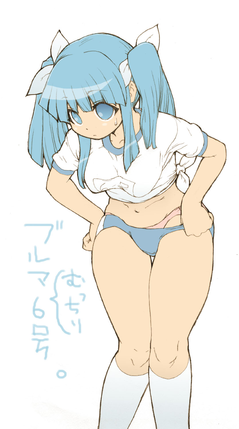 suikyou, suzuki sayaka, pani poni dash!, bad id, bad pixiv id, highres, 00s, blue eyes, blue hair, gym uniform, looking up, midriff, navel, panties, socks, solo, twintails, underwear, undressing