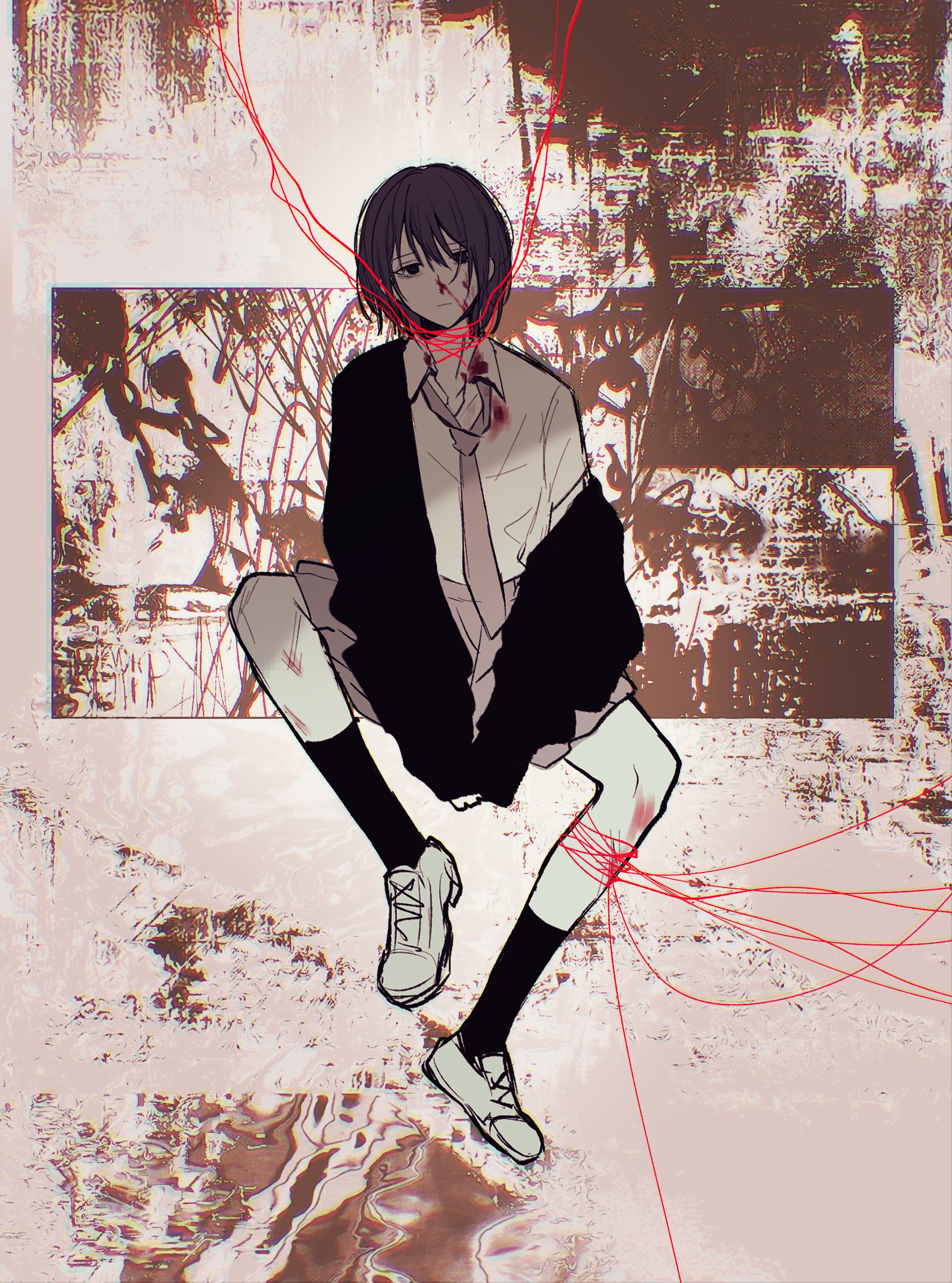 guiltyskullu, naoi (zenbu kowashite jigoku de aishite), zenbu kowashite jigoku de aishite, absurdres, commentary, hashtag-only commentary, highres, 1girl, black cardigan, black hair, blood, blood on clothes, blood on face, cardigan, grey skirt, injury, kneehighs, necktie, shirt, short hair, sitting, skirt, socks, solo, string, string of fate, white shirt