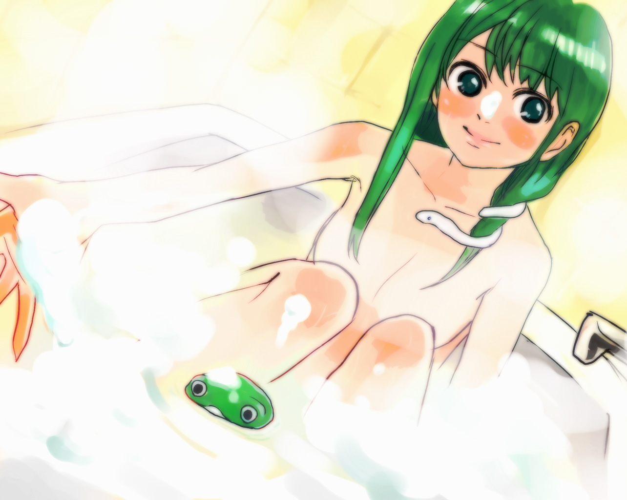 kuma (artist), kuma (crimsonvanilla), kochiya sanae, touhou, eyebrows, 1girl, armpits, bath, bathing, bathtub, blue eyes, blush, blush stickers, breasts, bubble bath, convenient censoring, convenient leg, dutch angle, faucet, female focus, foam, frog hair ornament, green hair, hair ornament, indoors, knees up, lips, long hair, looking at viewer, nude, outstretched arm, outstretched arms, partially submerged, sidelocks, sitting, sketch, small breasts, smile, snake hair ornament, soap bubbles, solo, steam, tile wall, tiles, toy, unworn hair ornament, water