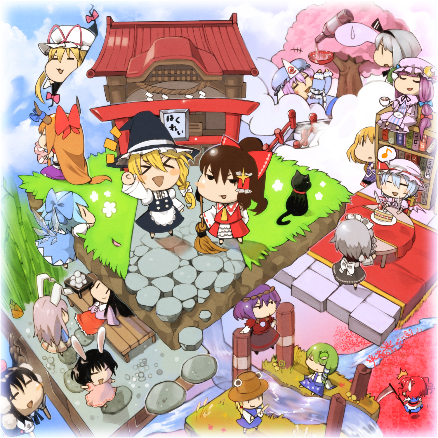 kotetu, tsurusaki yuu, cirno, hakurei reimu, houraisan kaguya, ibuki suika, inaba tewi, izayoi sakuya, kirisame marisa, kochiya sanae, konpaku youmu, konpaku youmu (ghost), mizuhashi parsee, moriya suwako, onozuka komachi, patchouli knowledge, reisen udongein inaba, remilia scarlet, saigyouji yuyuko, shameimaru aya, yakumo yukari, yasaka kanako, touhou, highres, > <, 6+girls, = =, ^^^, alcohol, animal ears, bamboo, bamboo shoot, bench, black hair, blonde hair, blue hair, book, bookshelf, bow, broom, cake, cake slice, cat, cherry blossoms, chibi, closed eyes, cobblestone, crescent, cup, everyone, female focus, food, from above, fruit, gap (touhou), hakurei shrine, hat, hitodama, horns, knife, maid, maid headdress, mob cap, mochi, multiple girls, musical note, onbashira, outdoors, pastry, pavement, plate, pom pom (clothes), purple hair, quaver, ribbon, sake, scythe, shrine, sitting, skirt, speech bubble, spoken musical note, strawberry, strawberry shortcake, stream, sweatdrop, table, teacup, torii, twintails, two side up, wagashi, witch hat, | |