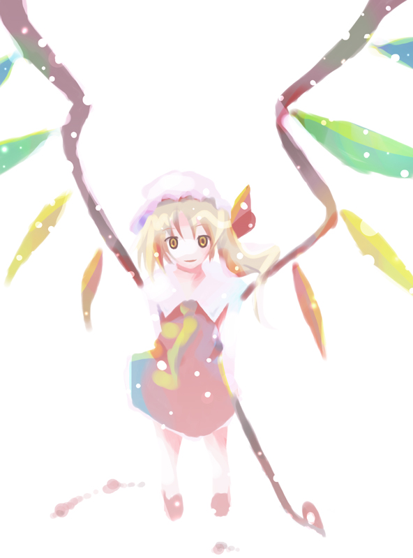 takanashi akihito, flandre scarlet, touhou, 1girl, ascot, blush, crystal, demon wings, dress, female focus, full body, hat, looking at viewer, mob cap, puffy short sleeves, puffy sleeves, red dress, short sleeves, simple background, solo, white background, wings