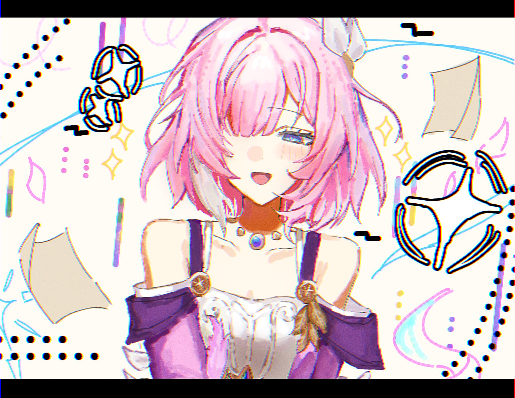 cyrene (honkai: star rail), honkai: star rail, honkai (series), commentary request, highres, 1girl, bare shoulders, blue eyes, breasts, coat, cyrene (aedes elysiae) (honkai: star rail), dress, hair ornament, jewelry, letterboxed, mlngznk, multicolored hair, necklace, open mouth, paper, pink hair, purple coat, short hair, small breasts, smile, solo, two-tone hair, white dress, white hair