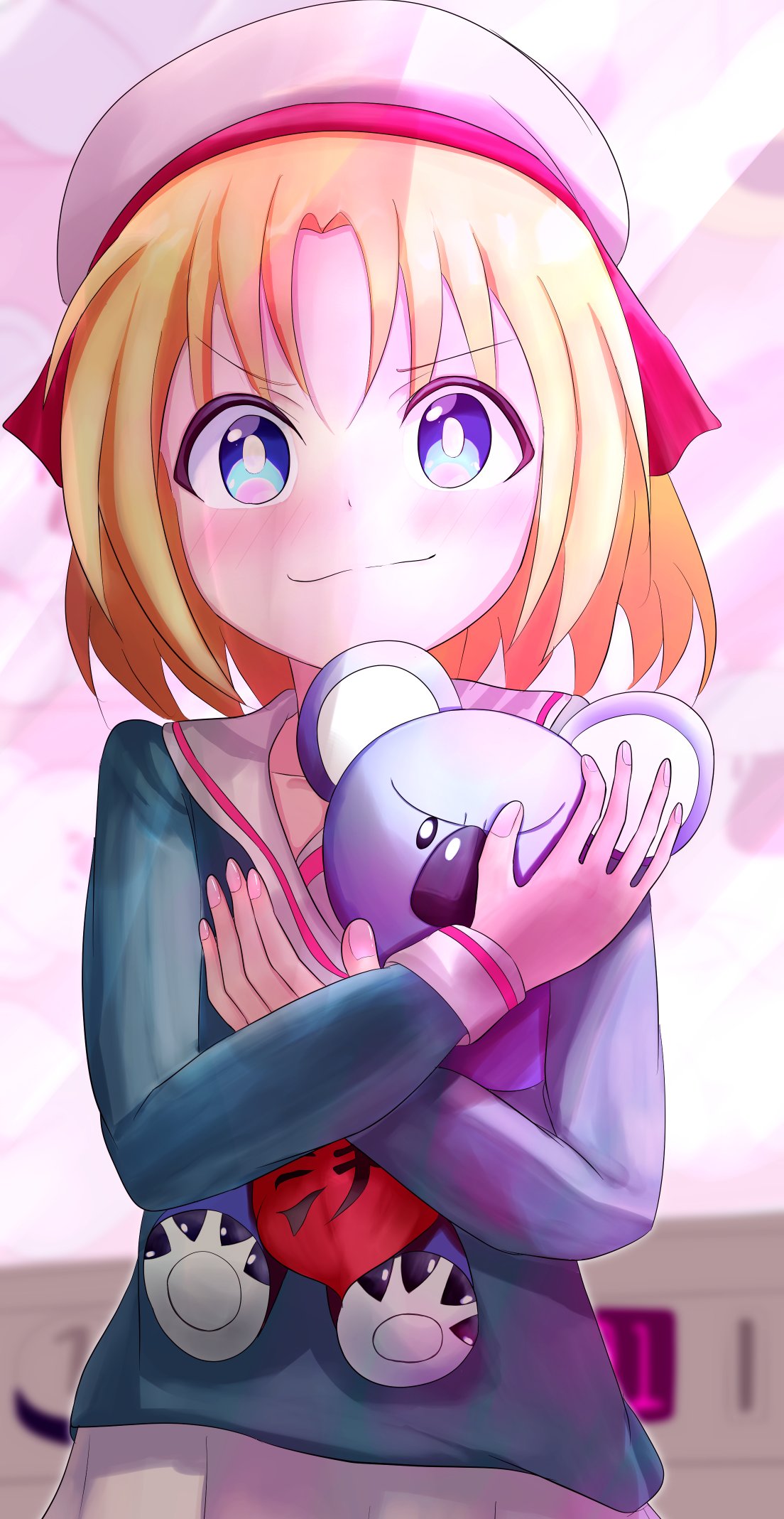lilly baker, otokogi koala, 1girl, blonde hair, blue eyes, skirt, white skirt