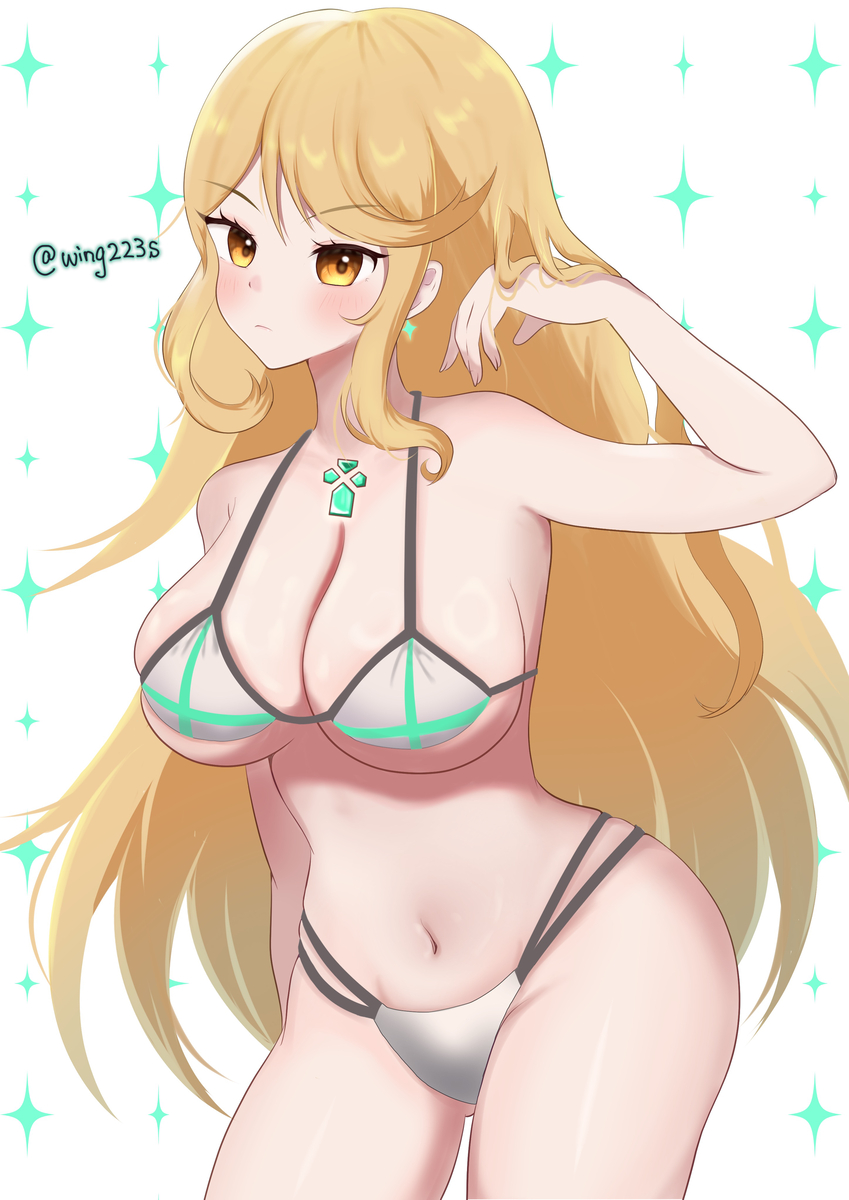 mythra (xenoblade), xenoblade chronicles (series), xenoblade chronicles 2, highres, 1girl, artist name, barefoot, bikini, blonde hair, breasts, chest jewel, core crystal (xenoblade), gem, green gemstone, hand on own hair, large breasts, long hair, looking at viewer, sidelocks, standing, swept bangs, swimsuit, tiara, white bikini, wing223s, yellow eyes