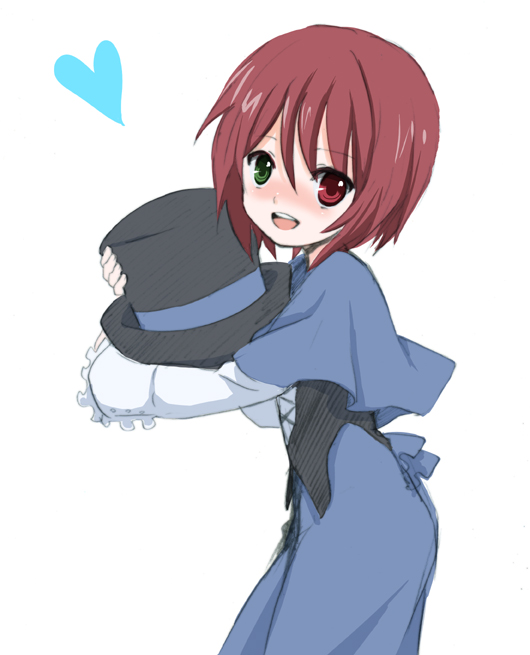 ica, souseiseki, rozen maiden, bad id, bad pixiv id, 00s, 1girl, brown hair, female focus, hat, heart, heterochromia, hugging object, short hair, smile, solo