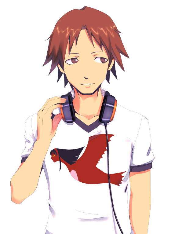 em (totsuzen no hakike), amagi yukiko, hanamura yousuke, shadow yukiko, atlus, persona, persona 4, looking away, bad id, bad pixiv id, 1boy, bird, brown eyes, brown hair, headphones, headphones around neck, male focus, shirt, short hair, solo, t-shirt, white background