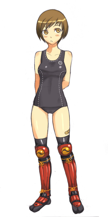 em (totsuzen no hakike), satonaka chie, atlus, persona, persona 4, looking away, 1girl, armor, arms behind back, bandaid, blush, brown eyes, brown hair, female focus, full body, greaves, leg armor, one-piece swimsuit, short hair, simple background, solo, standing, swimsuit, thigh gap, thighhighs, thighs, white background