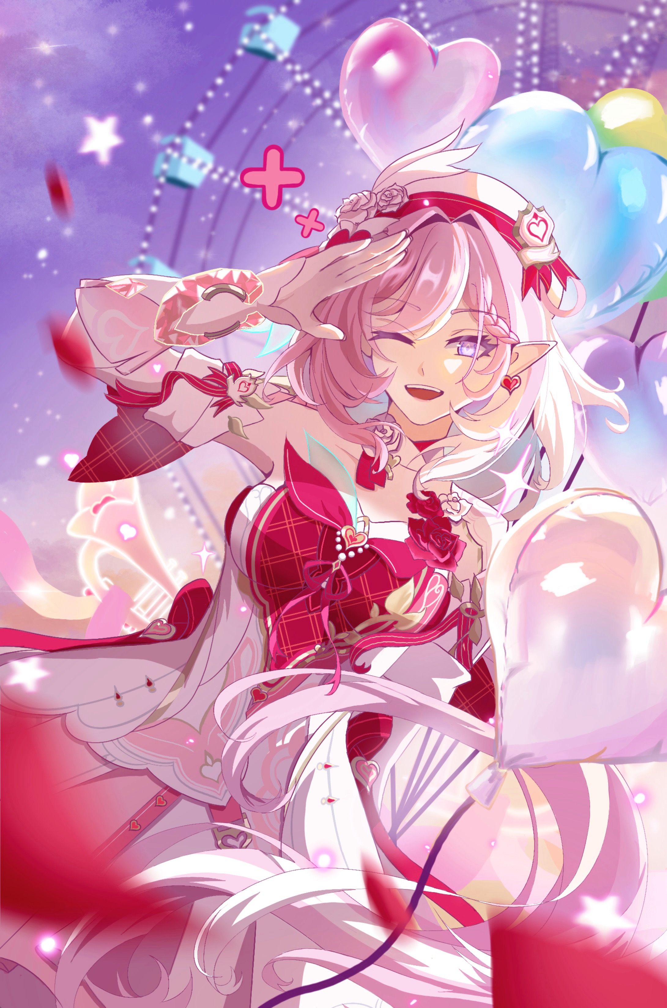 elysia (hi love elf) (honkai impact), elysia (honkai impact), honkai (series), honkai impact 3rd, absurdres, chinese commentary, commentary request, highres, 1girl, ;o, amusement park, balloon, beret, diamond-shaped pupils, diamond (shape), dress, elf, ferris wheel, hat, heart balloon, hehe baxianguohai zhong, long hair, looking at viewer, one eye closed, pink hair, pointy ears, purple eyes, purple sky, red dress, sky, solo, symbol-shaped pupils, two-tone dress, very long hair, white dress