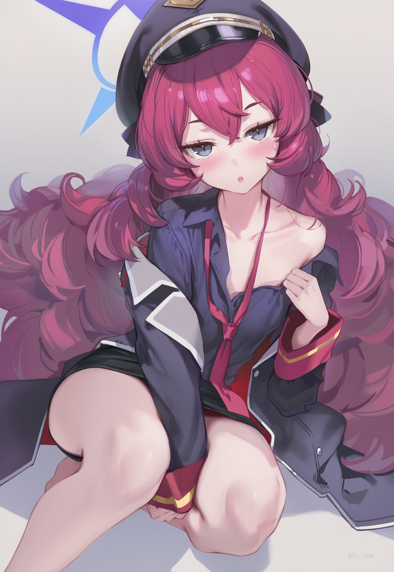 iroha (blue archive), blue archive, highres, 1girl, bare legs, black jacket, breasts, grey eyes, hair between eyes, halo, jacket, knees, long hair, looking at viewer, red hair, simple background, single bare shoulder, small breasts, solo, stella (ps calm), thighs
