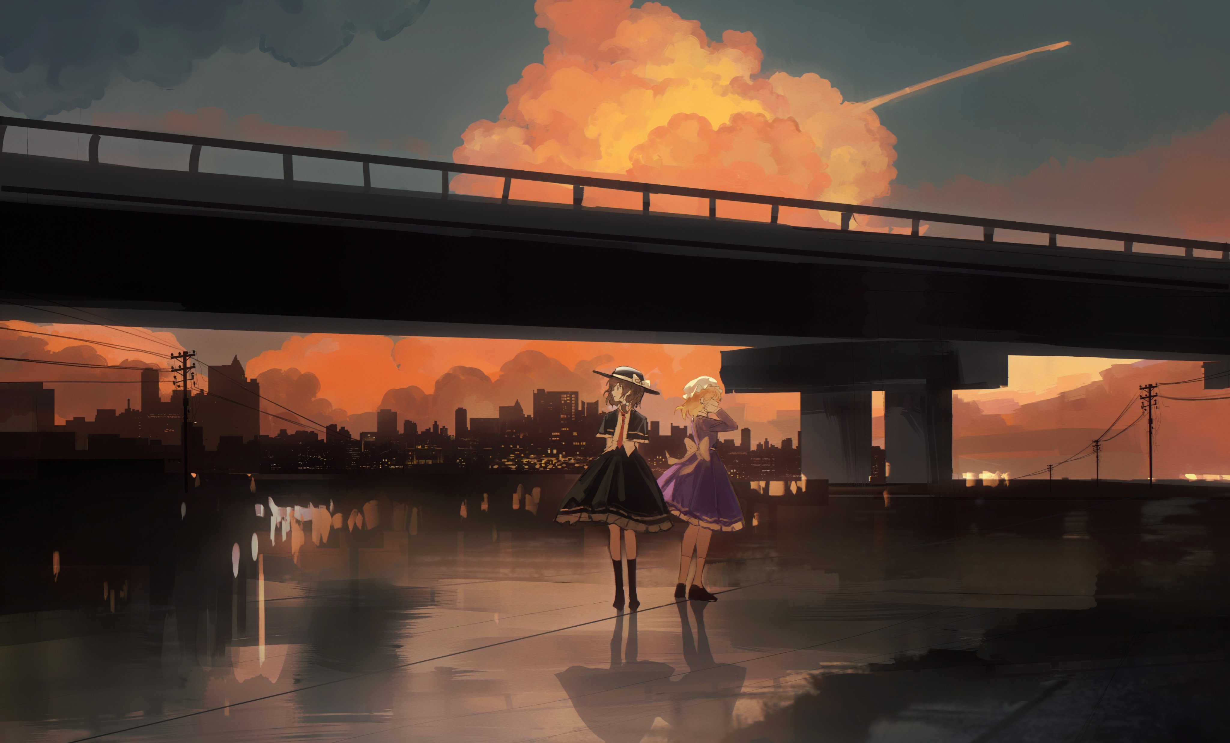 axleaki, maribel hearn, usami renko, touhou, absurdres, highres, 2girls, black hat, black skirt, blonde hair, bow, bridge, brown hair, capelet, city, city lights, cityscape, cloud, contrail, cumulonimbus cloud, dress, evening, hat, hat bow, medium hair, mob cap, multiple girls, outdoors, power lines, purple dress, reflection, shadow, skirt, standing, sunset, white bow, wide shot