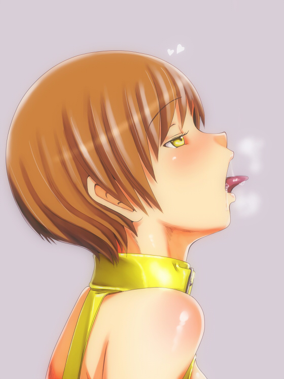 em (totsuzen no hakike), satonaka chie, shadow (persona), shadow chie, atlus, persona, persona 4, 1girl, blush, breath, brown hair, dark persona, female focus, heart, open mouth, saliva, short hair, solo, tongue, yellow eyes