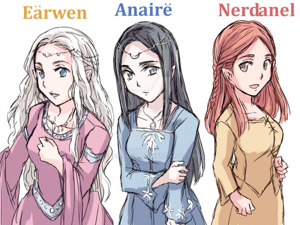 sena1923, anaire, earwen, nerdanel, the silmarillion, tolkien's legendarium, 3girls, black hair, blonde hair, blue eyes, braid, breasts, character name, closed mouth, collarbone, dress, elf, female focus, hand on own arm, jewelry, long hair, long sleeves, looking at viewer, multiple girls, necklace, open mouth, parted bangs, pointy ears, red hair, simple background, white background
