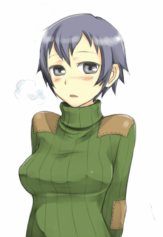 em (totsuzen no hakike), shirogane naoto, atlus, persona, persona 4, bad id, bad pixiv id, 1girl, arms behind back, blue eyes, blue hair, blush, breasts, female focus, green shirt, large breasts, matching hair/eyes, ribbed turtleneck sweater, shirt, short hair, solo, sweater, turtleneck