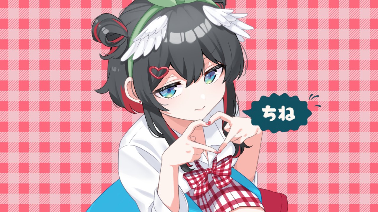 kurata rine, kurata rine (vtuber), cherry pop (vocaloid), indie virtual youtuber, commentary request, translation request, 1girl, black hair, blue eyes, bow, closed mouth, collared shirt, double bun, feathered wings, green hairband, hair bun, hair ornament, hairband, hands up, head wings, heart, heart hair ornament, heart hands, long hair, long sleeves, looking at viewer, multicolored hair, nail polish, plaid background, plaid bow, plaid clothes, plaid skirt, red hair, red nails, shirt, skirt, solo, two-tone hair, white shirt, white wings, wings
