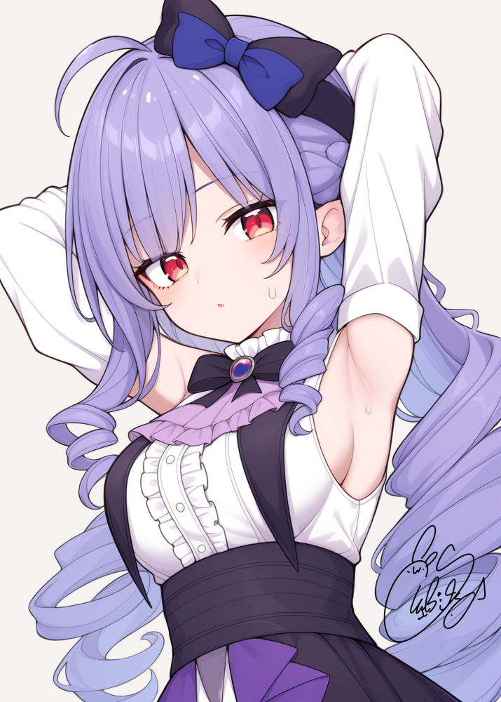 beni shake, vivian banshee, zenless zone zero, commentary request, 1girl, ahoge, armpits, arms up, black bow, black hairband, black skirt, blue bow, bow, braid, breasts, detached sleeves, grey background, hair bow, hair intakes, hairband, high-waist skirt, long hair, long sleeves, looking at viewer, medium breasts, parted lips, purple hair, red eyes, ringlets, shirt, sidelocks, signature, simple background, skirt, small sweatdrop, solo, sweat, very long hair, white shirt, white sleeves