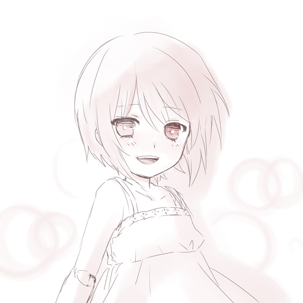 ica, souseiseki, rozen maiden, bad id, bad pixiv id, 00s, 1girl, alternate costume, doll joints, dress, female focus, heterochromia, joints, monochrome, short hair, smile, solo, sundress