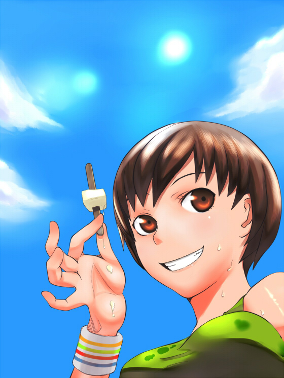 em (totsuzen no hakike), satonaka chie, atlus, persona, persona 4, striped, bad id, bad pixiv id, brown eyes, brown hair, cloud, day, food, from below, grin, popsicle, short hair, sky, smile, solo, sweat, wristband