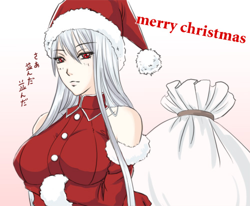 karee oshou, selvaria bles, senjou no valkyria, senjou no valkyria (series), senjou no valkyria 1, silver hair, lowres, 00s, 1girl, bag, breasts, christmas, female focus, hat, large breasts, long hair, red eyes, sack, santa costume, santa hat, solo