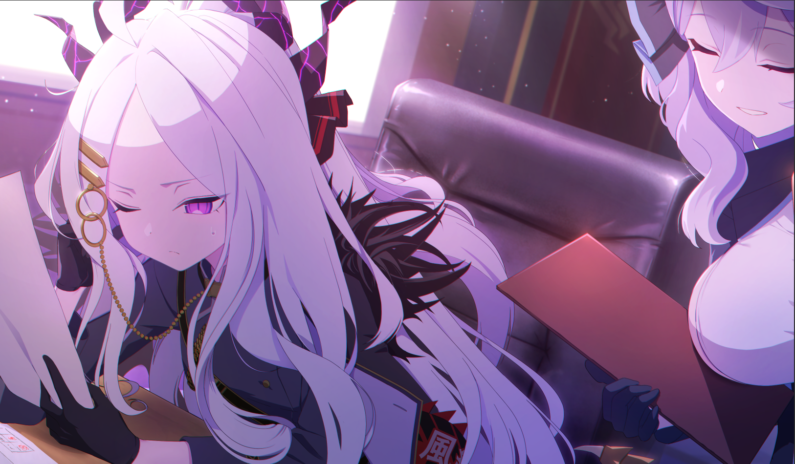 zeno 218, ako (blue archive), hina (blue archive), blue archive, highres, 2girls, armband, black coat, black gloves, blue hair, closed eyes, coat, coat on shoulders, demon girl, demon horns, demon wings, gloves, halo, holding, holding paper, horns, indoors, long hair, multiple girls, paper, purple eyes, red armband, sitting, very long hair, white hair, wings