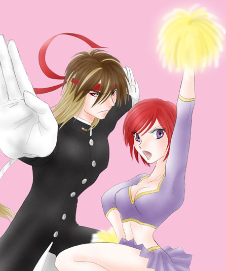albel nox, nel zelpher, square enix, star ocean, star ocean: till the end of time, 1boy, 1girl, albel, cheerleader, pink background, purple eyes, red eyes, red hair, short hair, simple background