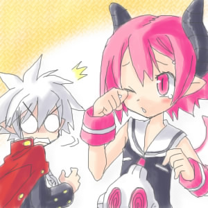 mao (disgaea), raspberyl, disgaea, makai senki disgaea, makai senki disgaea 2, makai senki disgaea 3, nippon ichi, lowres, 00s, 1boy, 1girl, bat wings, demon, demon boy, demon girl, glasses, horns, pink eyes, pink hair, pointy ears, red eyes, round eyewear, short hair, white hair, wings